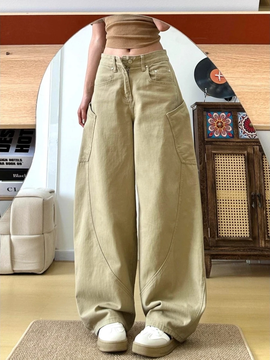 High Waist Wide Leg Workwear Jeans Women's Spring Autumn Khaki Color Asymmetric Design Comfortable Loose Fit Casual Trousers