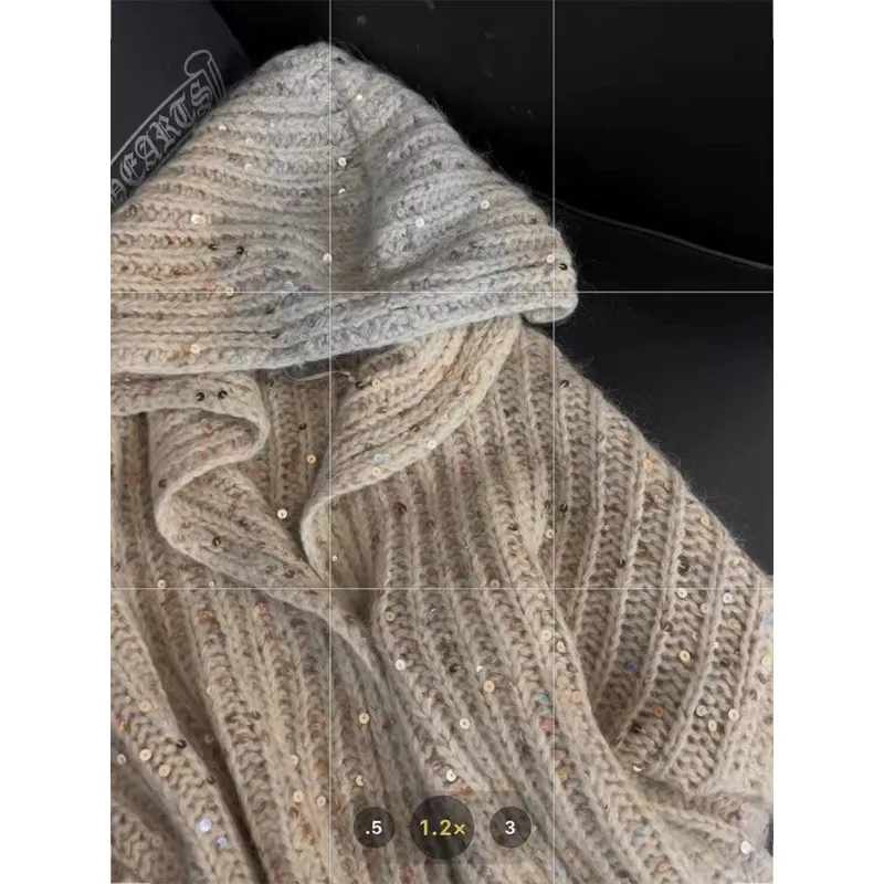 

Women's Clothing Coat Gradient Colours Hooded French Sequins Design Autumn Winter Elegant Versatile Lazy Knitted Cardigan