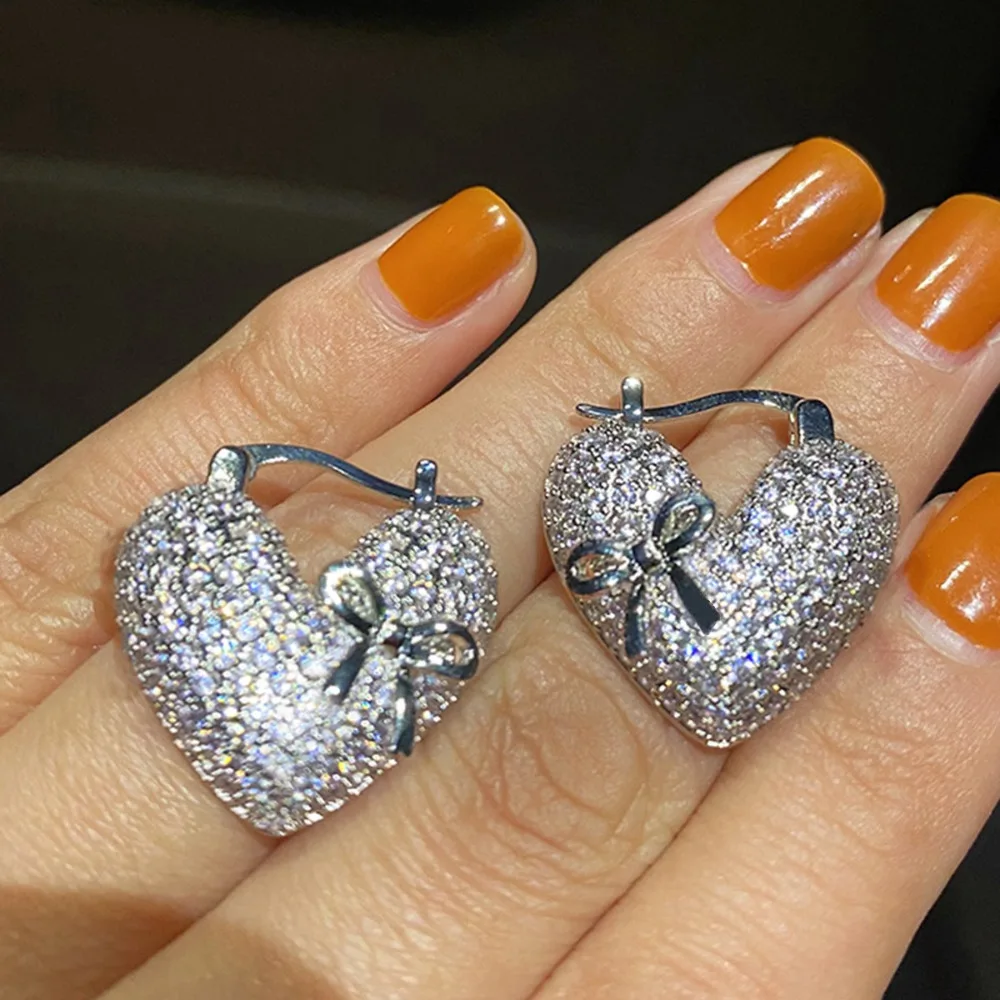 Luxury Full 5A Zircon Heart Bow Hoop Earrings Silver Color Sparkling Crystal Love Huggie Leverback Earrings for Women Jewelry