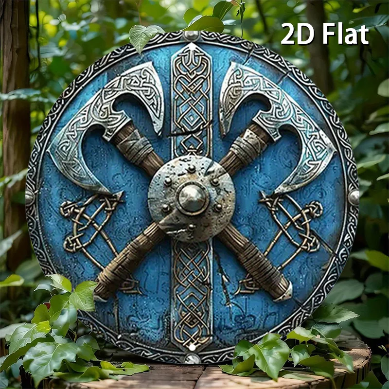 [2D Flat] Wikinger-Achsen und -Schilde aus Metall – rustikales nordisches Aluminiumschild, 7,87 Zoll rund, kompliziertes blaues und goldenes Design, Perf