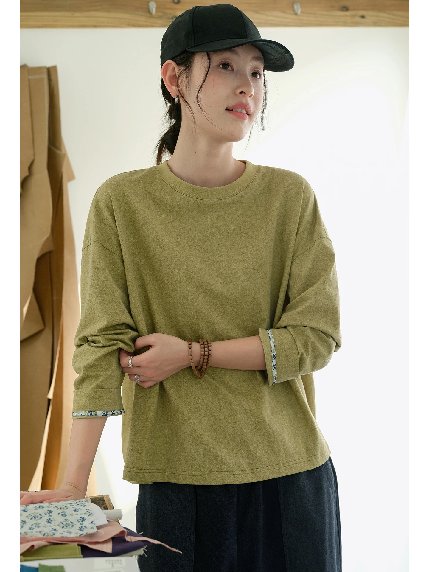 

Pure Cotton Long Sleeve Top Women's Soft Combed Cotton Casual Artistic Original Design round Neck T-Shirt Spring Fashion
