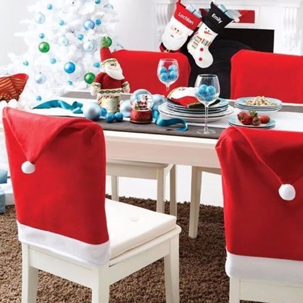 1-8PC Christmas Chair Cover Red Non-Woven Soft Santa Claus Hat Chair Cover Kitchen Dining Comfortable Seats Cover Party Decor