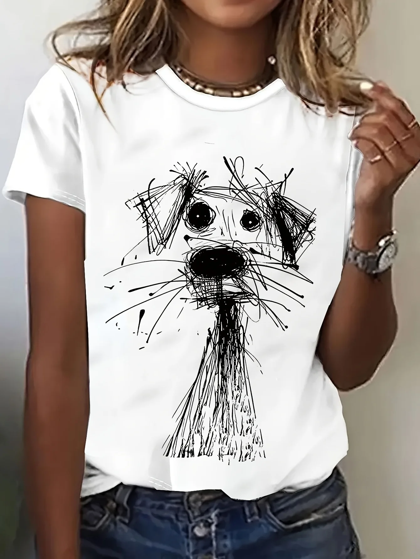 

Soft T-Shirt Soft Breathable 1pc Womens Casual Short Sleeve T-Shirt | Hand-Drawn Dog Illustration & Geometric Print