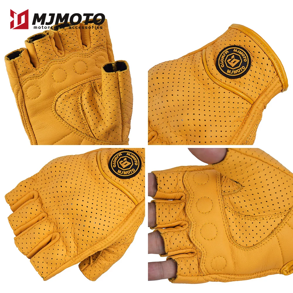 Summer Yellow Leather Motorcycle Gloves Fingerless Motorbike Motocross Riding Gloves Half Finger Retro Moto Biker Cycling Gloves