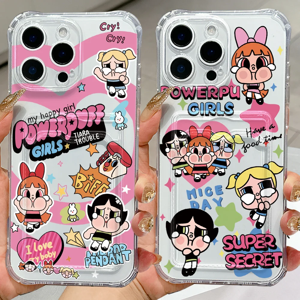 Cute Card Hold Phone Case For P-Powerpuffs Girls Samsung Galaxy S26 S25 S24 S23 S22 S21 S20 FE Edge Plus Ultra M33 M53 M54 5G