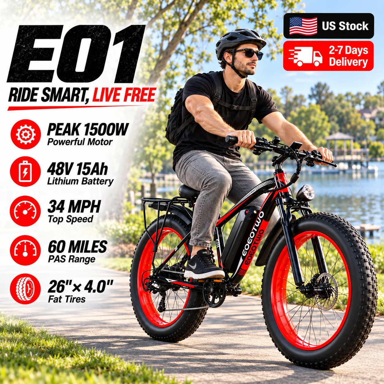 EOEOTWO Electric Bike for Adults, 26 Inch Fat Tire E-Bike, 1500W Peak, 48V 15Ah Removable Battery, 34MPH All Terrain Ebike