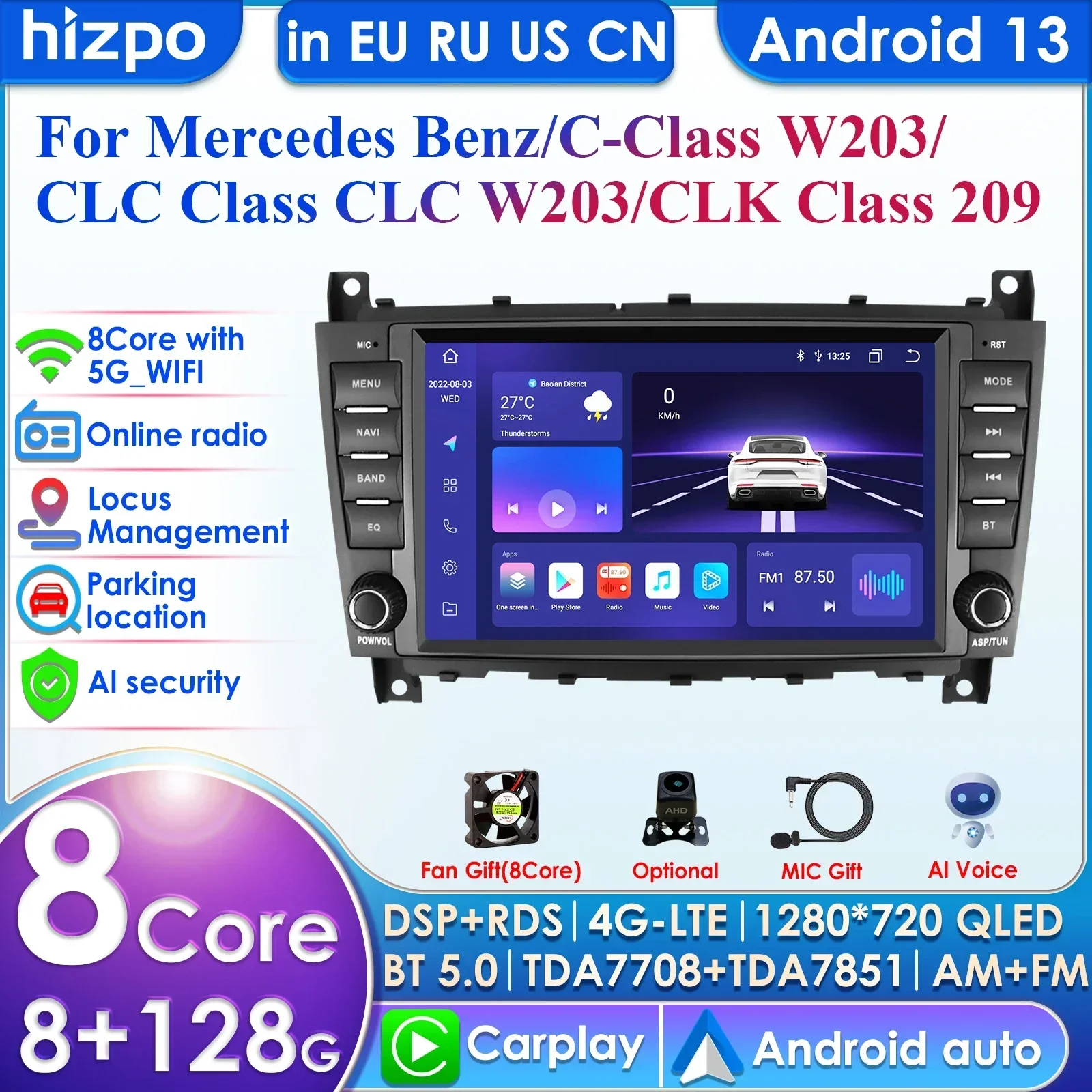 DSP Carplay 4G 8'' Android 12 Car Radio Multimedia Player for Mercedes Benz CLC W203 C-Class C180 C200 CLK200 CLK W209 GPS RDS