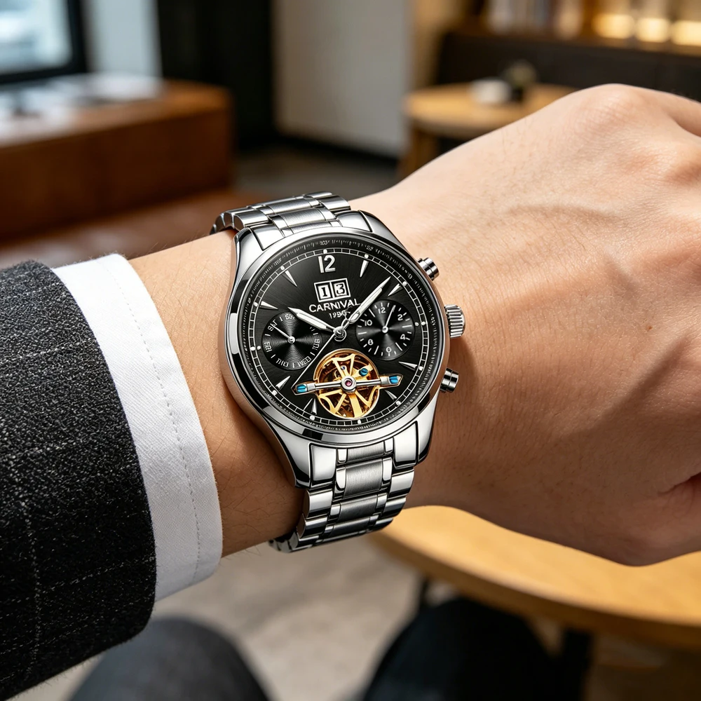 CARNIVAL Luxury Brand Automatic Watches Men Stainless Steel Tourbillon Mechanical Watch Luminous Waterproof Date Clock Reloj - view 3