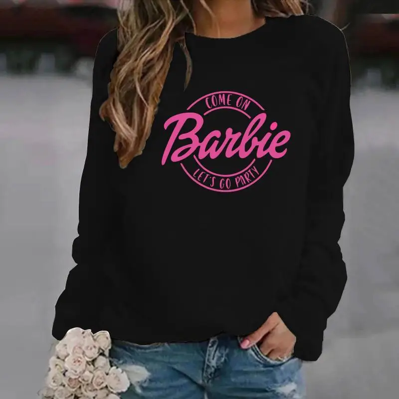 Barbie Cotton Women\'s Summer Spring Long Sleeve T-Shirt Top Cartoon 2024 New Barbie Printed Round Neck Sweatshirt Girls Gift