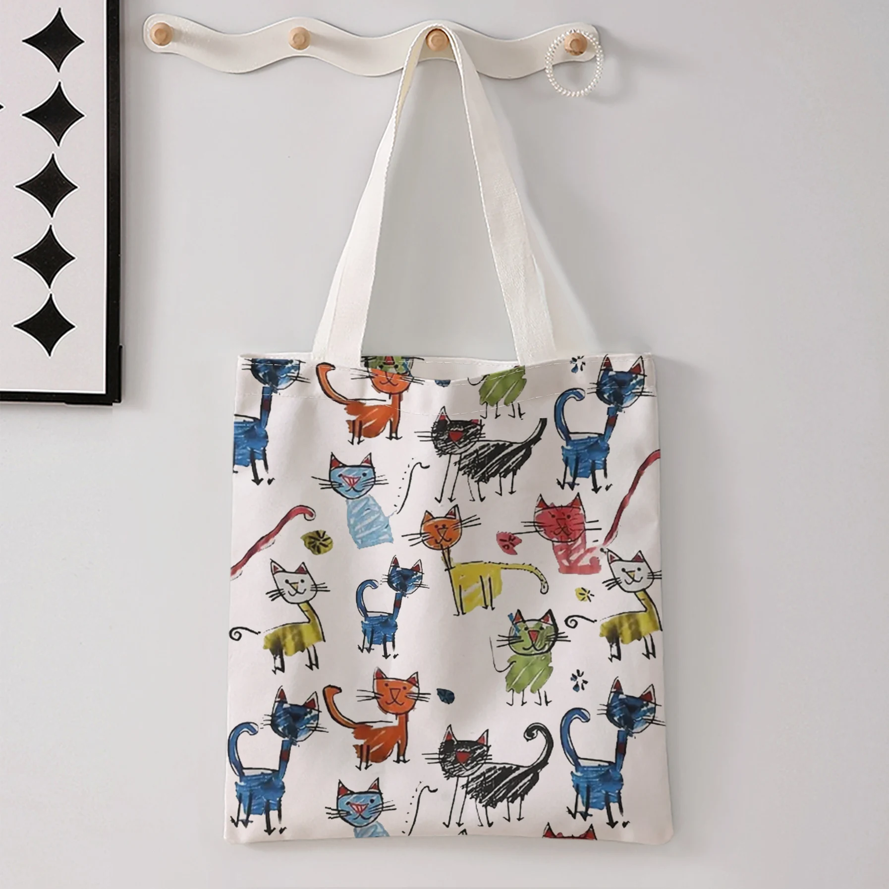 Doodle Multicolor Cartoon Cats Print Tote Bag Large Shoulder Handbag For Shopping Daily Commute