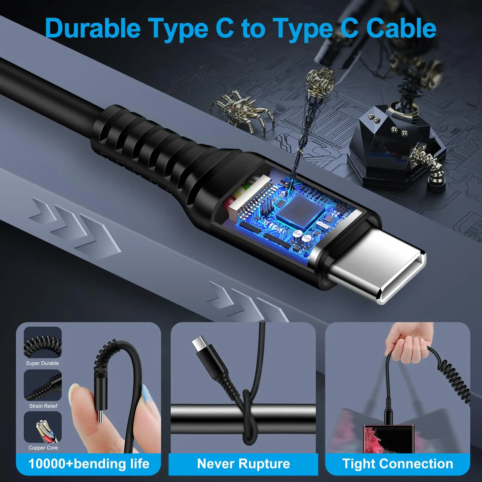 كابل USB C إلى USB C تلقائي 3FT Type C شحن سريع ملفوف سلك شاحن سامسونج لسيارة iPhone15 Huawei Xiaomi Samsung Type c #5