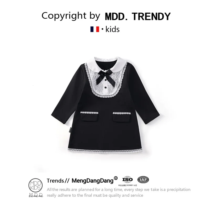 

Girls' Dress2025Spring New Lace Patchwork Bow Long Sleeve Doll Collar Straight Dress