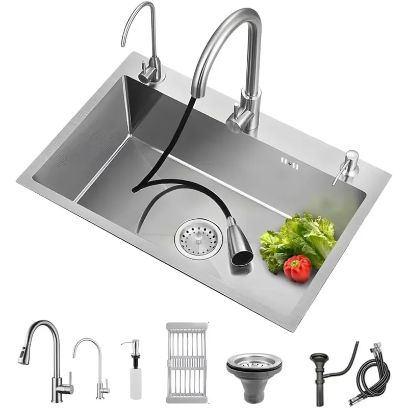 304 Stainless Steel Farmhouse Kitchen Sink Modern Single Bowl Black Luxury Kitchen Sink Set