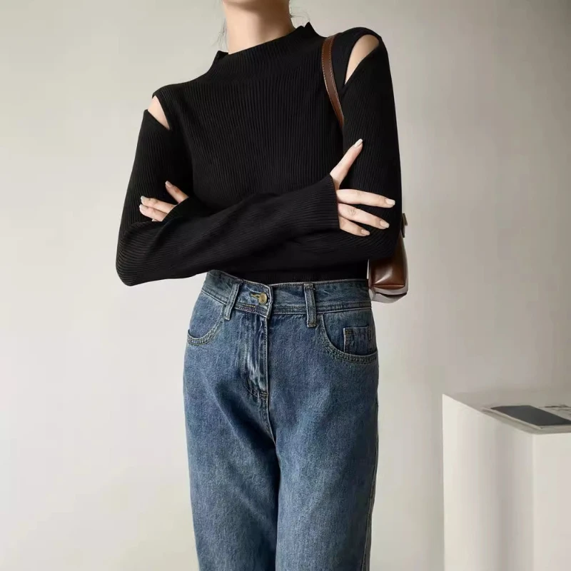 Black Hollow Out Shoulder High Neck Knitted Sweater Women Autumn New Slim Fit Cut Out Shoulder Sweater Inner Top