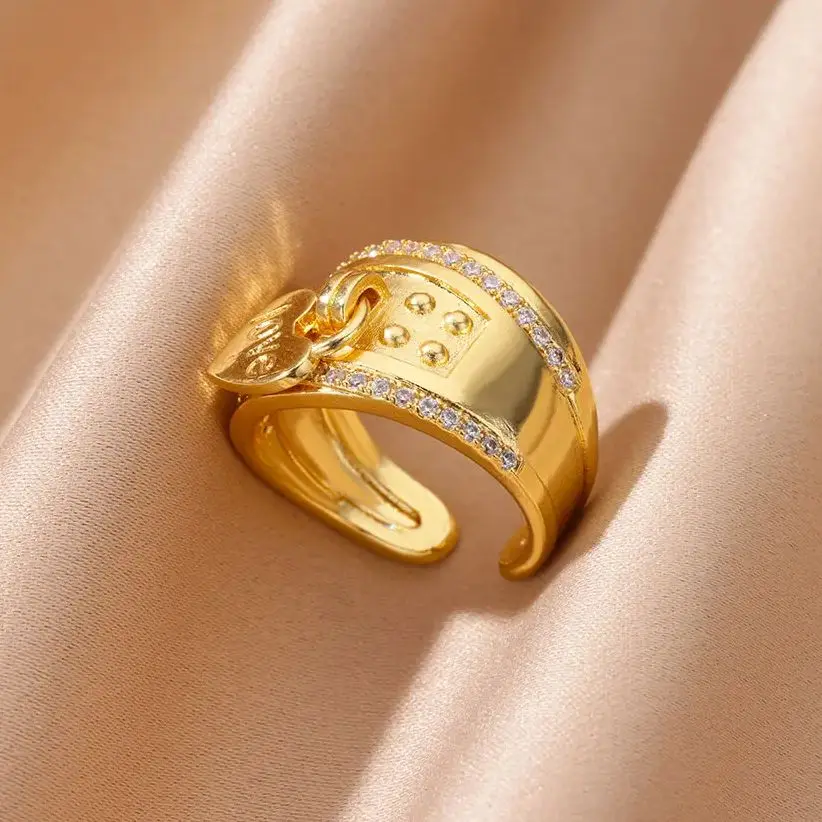 女性のためのジルコニアチェーンリング,ゴールドカラー,ステンレス鋼,高級オープニングリング,ウェディングジュエリー,美的,ギフト,2024