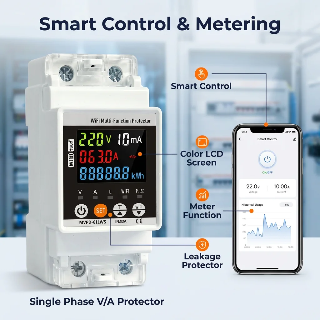 Reliable WiFi Tuya APP Single Phase 220V AC Voltage Protector 63A Triple Digital Screen Leakage Guard for Distribution Panels