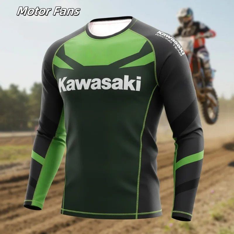 

Moto Fans Kawasaki Racing Team Long - Sleeve Shirts: Black - Green and Dark Green - Green Styles Quick Drying Downhill Sportwear