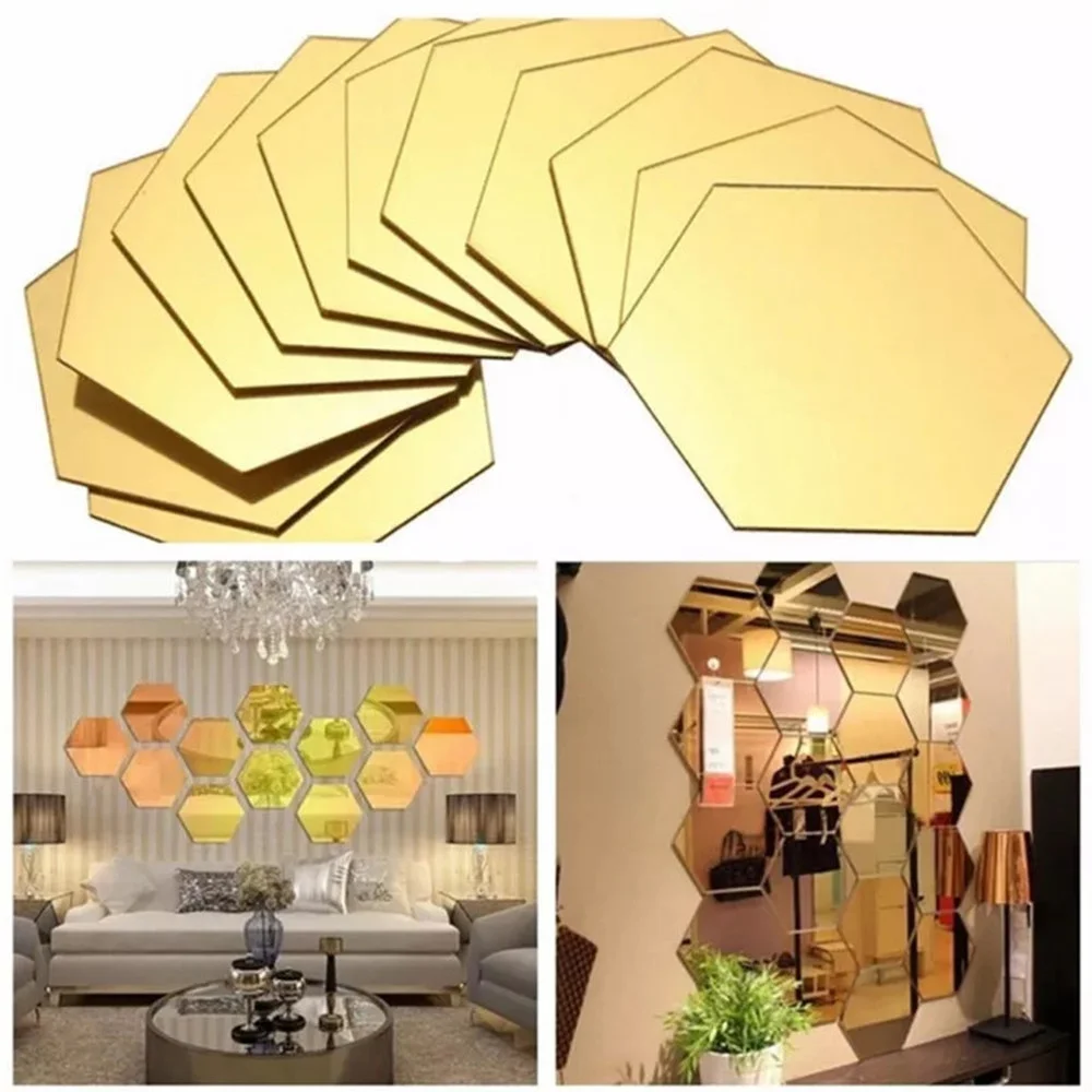 12Pc 3D Hexagon Acrylic Mirror Wall Stickers Aesthetic DIY Art Home Decor Living Room Decorative Tile Stickers Gold Silver red