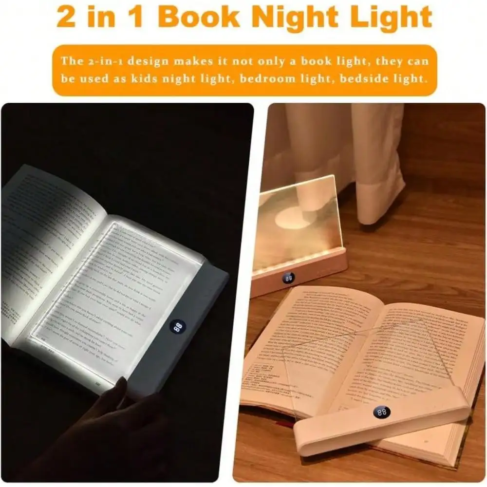 Luz de lectura, luz de lectura plana LED transparente recargable con temporizador, lámpara de panel regulable, luz de página completa para leer en la cama por la noche, regalos divertidos para lectores