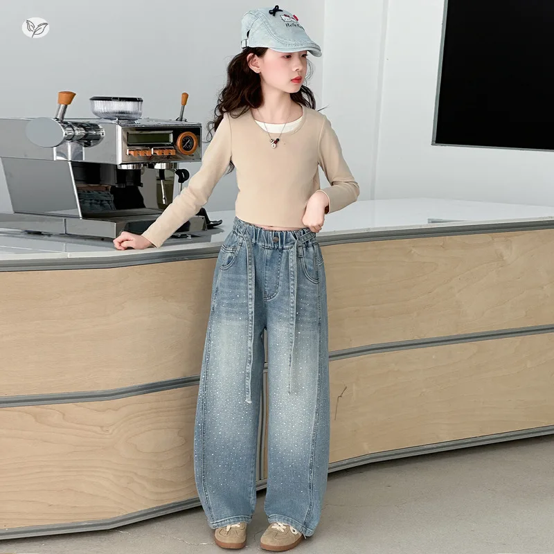 

Baby Girls Spring and Autumn 2026 New Mid Size Children's Wide Leg Pants Casual and Fashion Flash Kids Long Pants