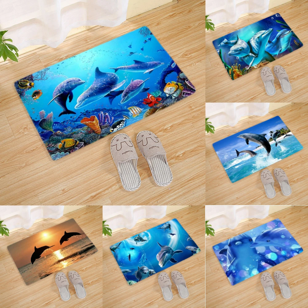 Paillasson thème océan ludique, tapis d'entrée antidérapant et lavable avec Motif étoile de mer et requin, pour décoration de sol de cuisine et de maison