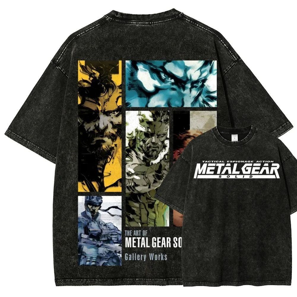 Pop Metal Gear Solid: The Twin Snakes Retro Game Print Washed-out Distressed Short-sleeved T-shirt Loose Pure Cotton