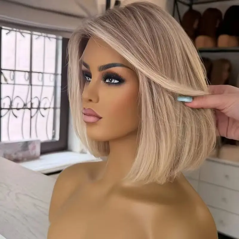 Ash Blonde with Brown Roots Short Bob Wig Transparent 13x4 Lace Frontal Straight Bob Wig Pre Plucked Free Part for Women
