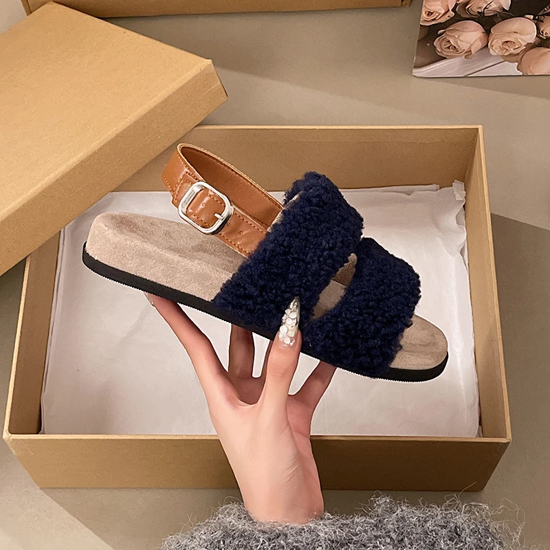 Lamb Wool Open-Toe Sandals for Women, Thick-Soled Fashionable Versatile Half-Slippers, 2026 Fall New Fairy-Style Furry Shoes