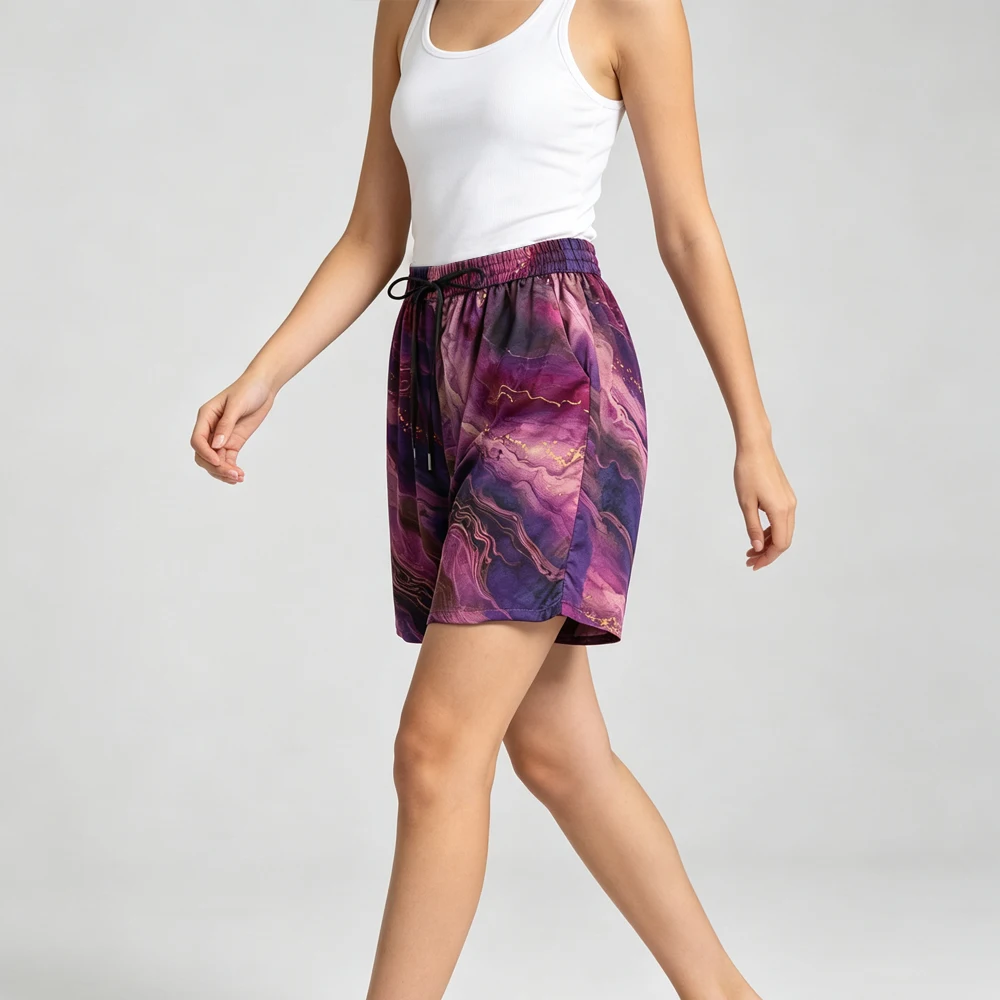 2026 Women's Casual Summer New Purple 100% Natural Mulberry Silk Jacquard Fragrant Cloud Yarn Elastic Waist Versatile Shorts
