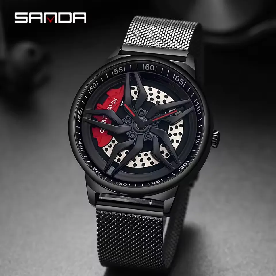 SANDA 1022-heren quartzhorloge Uniek echt 3D-model Draaiende auto Luxe mode Lichtgevende waterdichte horloges voor mannen reloj hombre