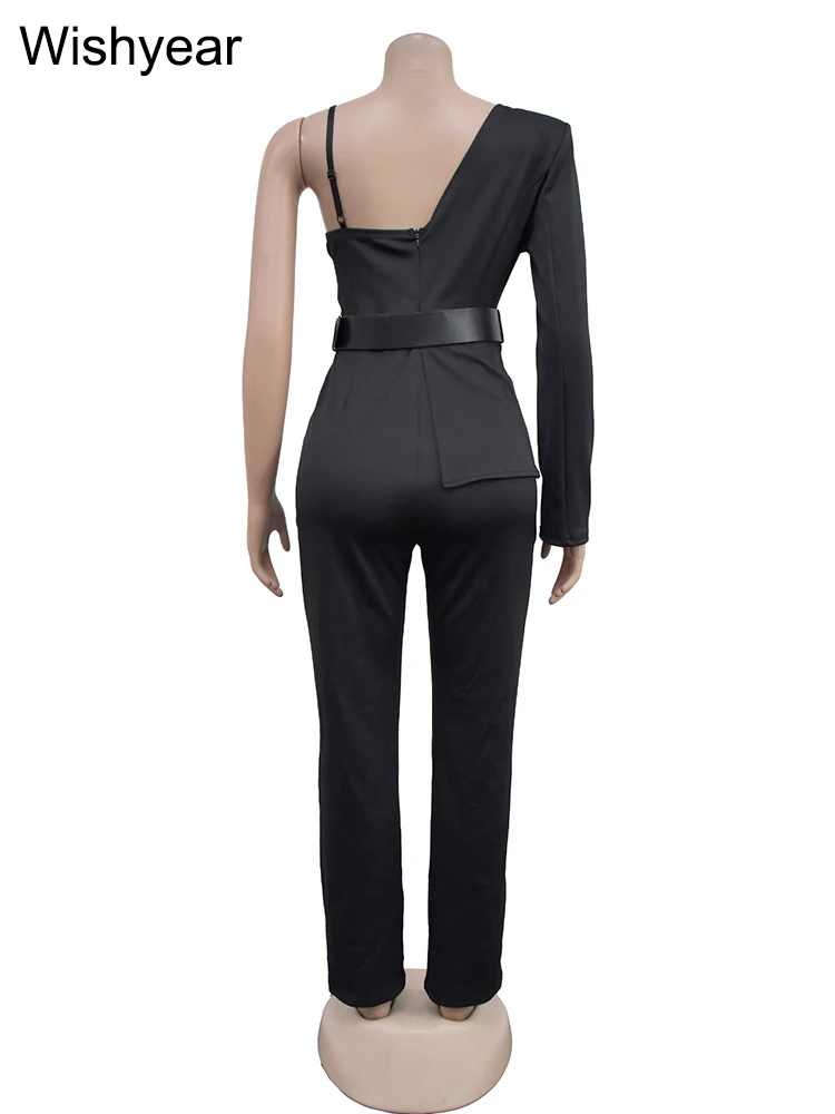 Wishyear Asymmetric Blackc One Shoulder Jumpsuits with Belt Women Sexy Party Club One Pieces Suit Playsuits Birthday Overalls