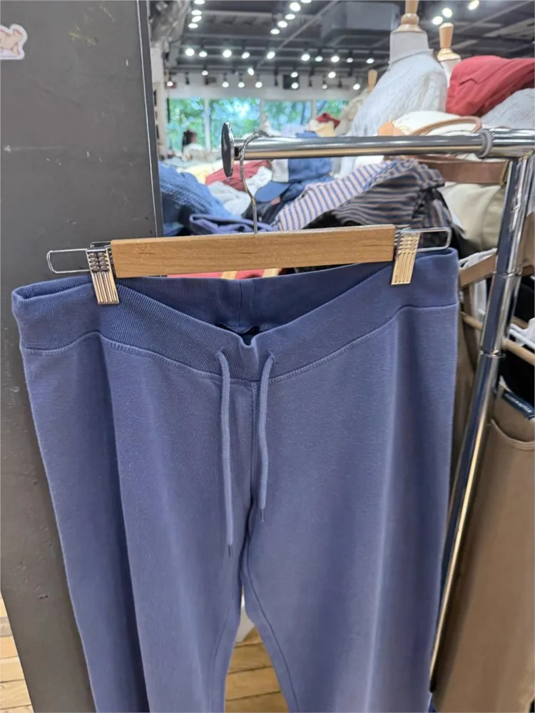 Navy Drawstring Sweatpants Woman Spring Raw Hem Straight Yoga Long Pants Female Vintage Streetwear Cotton Fleece Trousers Y2K