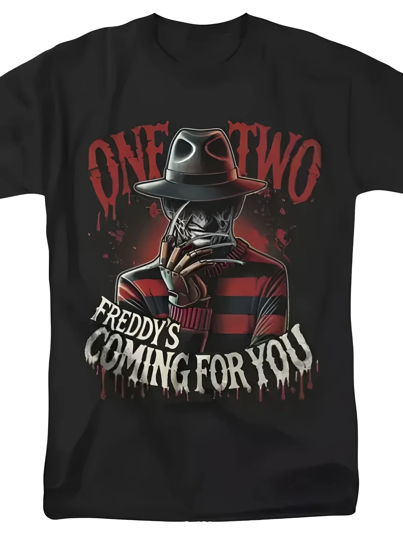 

Мужская футболка с рисунком фильма ужасов ONE TWO COMING for YOU Freddy Krueger, черная футболка в стиле «Вдохновленный дизайн» с брызгами красной крови