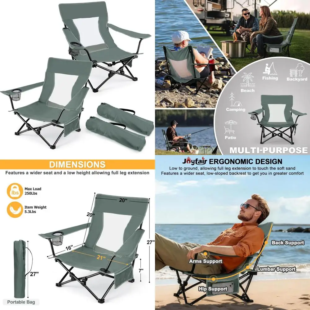 

Portable Heavy-Duty Outdoor Beach Lawn Chairs with Cup Holder and Storage, 2-Pack Grey