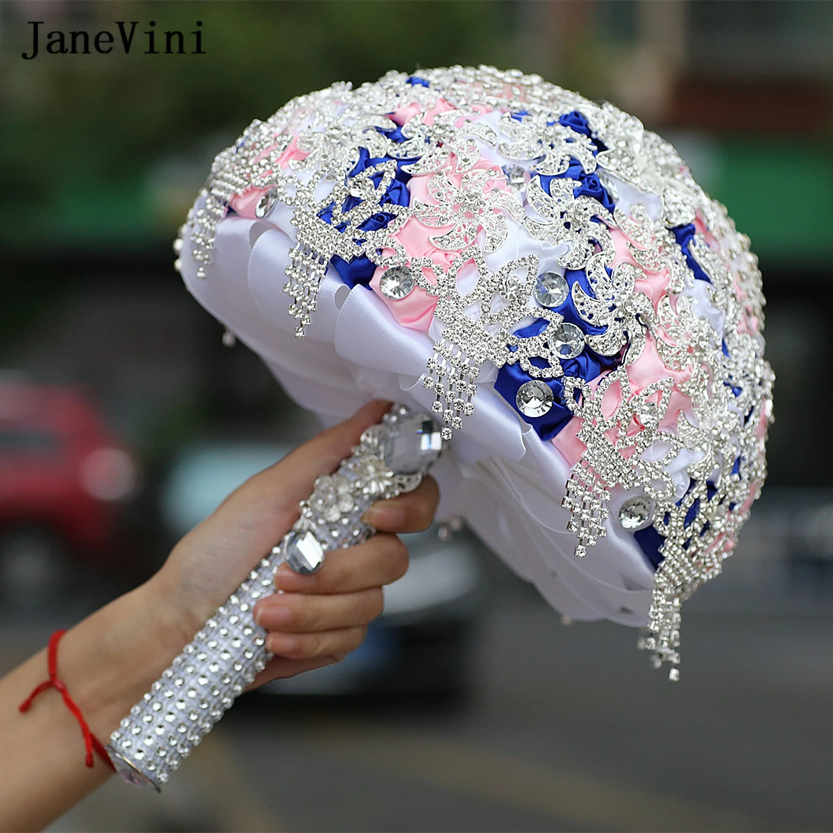 JaneVini 2023 Luxury Bridal Bouquets Bling Rhinestone Royal Blue Satin Roses Artificial Brides Flowers Wedding Bouquet De Marier