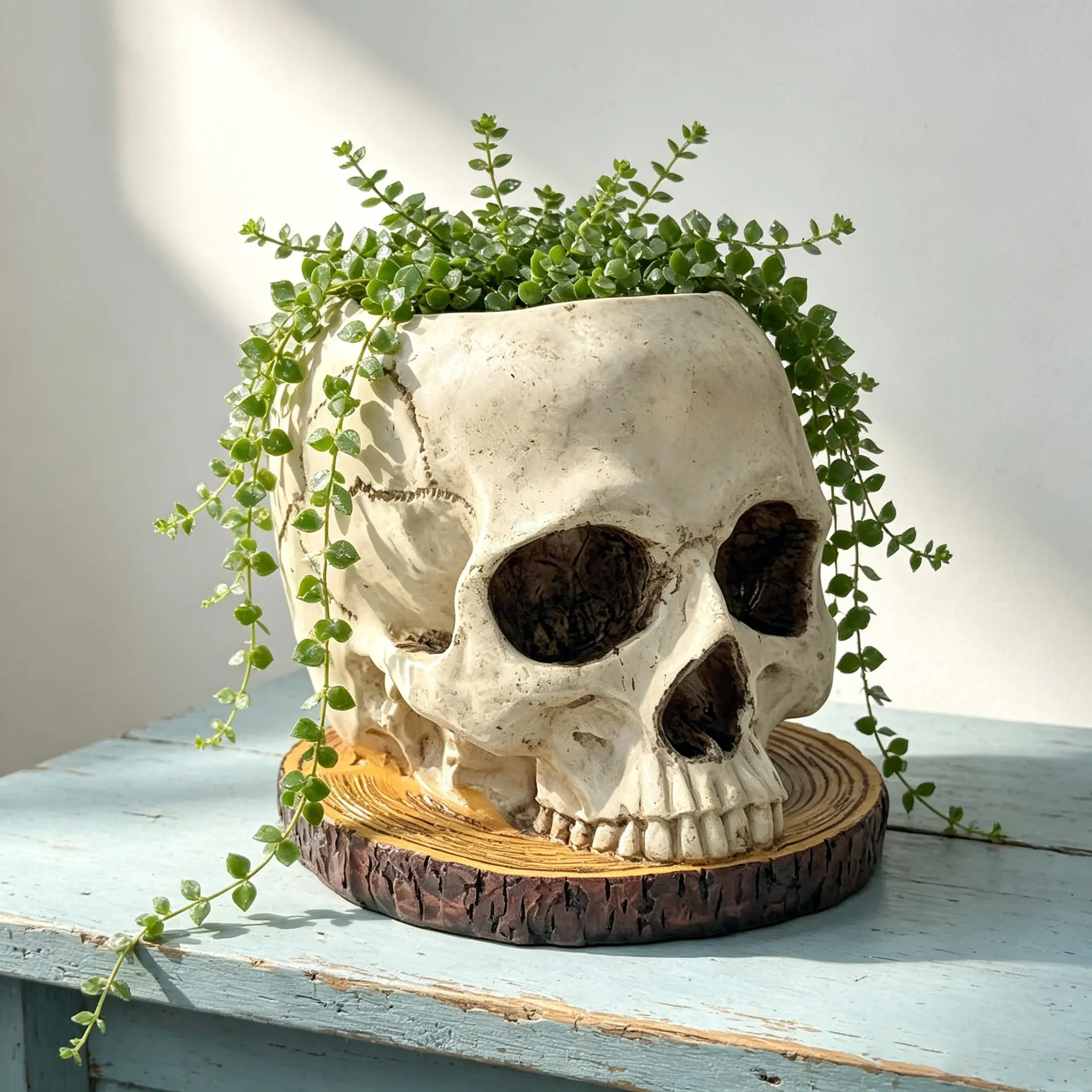 Retro-inspired skull-shaped planter with weathered texture, hand-finished resin construction, compact size ideal for succulents