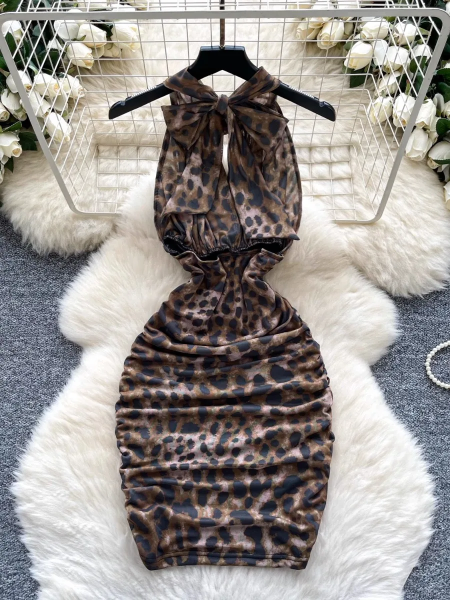 Foamlina halter amarrar leopardo impressão vestido feminino sexy quente menina recorte sem mangas cintura cinched bodycon mini night club vestido