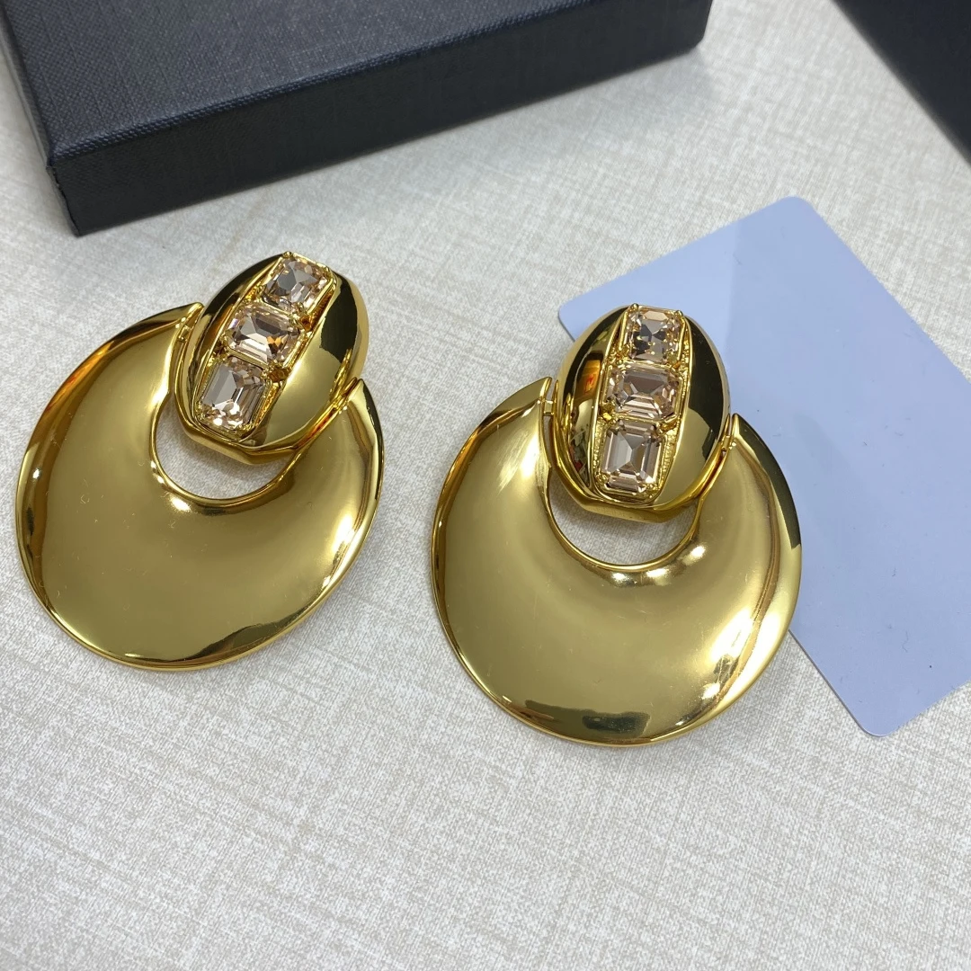 Europe Fashion Designer Brand Crystal Oval Brass Gold Plated Smooth Earrings Ear Clip Woman Top Quality Luxury Jewelry
