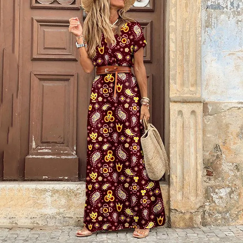 Women\'s Fashion Bohemian V-neck Floral Dress Sexy Short Sleeve High Waist Split Maxi Dress With Belt Vestidos De Mujer