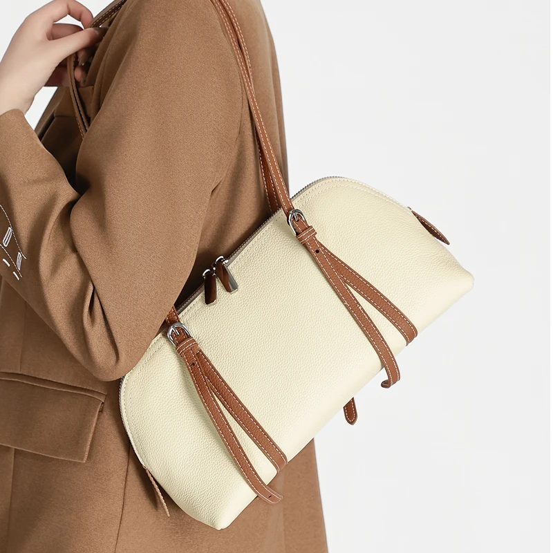 Women's Genuine Leather Shell Bag Minimalist Zipper Shoulder Bag with Adjustable Strap Casual Tote Handbag for Daily Commute