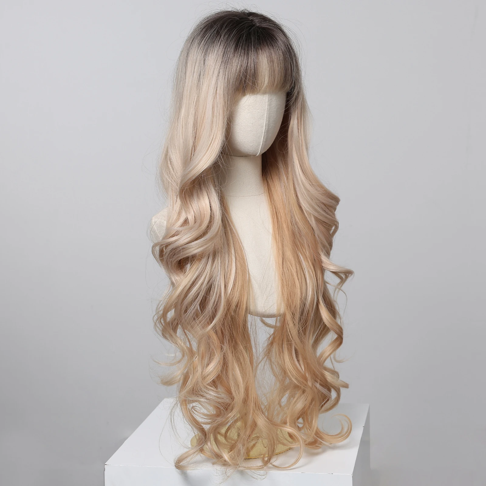 HENRY MARGU Ombre Blonde Synthetic Wig Long Wavy Wig with Bangs Highlight Mixed Blonde Hair Natural Looking Heat Resistant Fiber