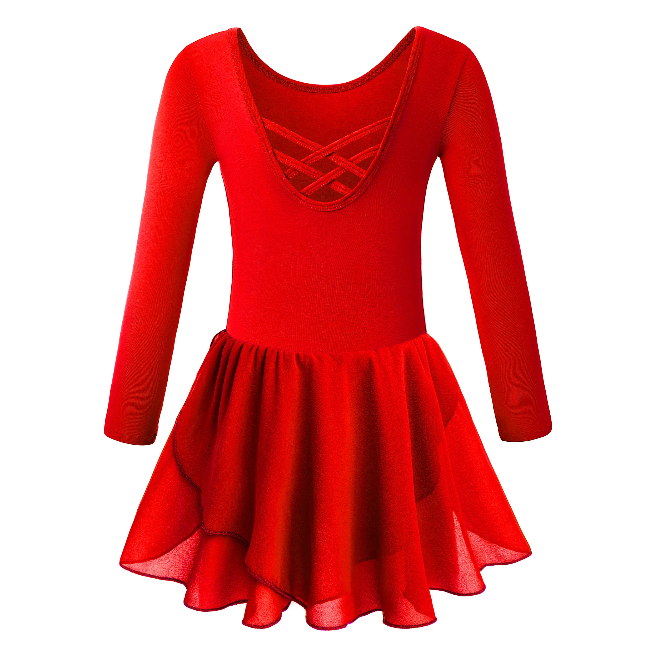 Mädchen Rot Langarm Ballett Trikot mit Rock Kind Kreuzmuster Hohl Zurück Tanz Kleid Kleinkind Ballett Outfit Kleidung