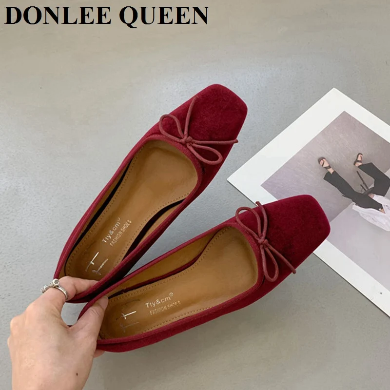 2024 New Autumn Fashion Flat Ballet Shoes Female Bow Knot Shallow Ballet Square Toe Female Ballerina Soft Moccasin Zapatos Mujer