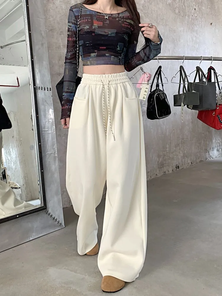 블루 여성 스포츠 팬츠 겨울 신상 하이웨이스트 드레이프 와이드 레그 스웨트팬츠 스몰 사이즈 미국산 울 바지