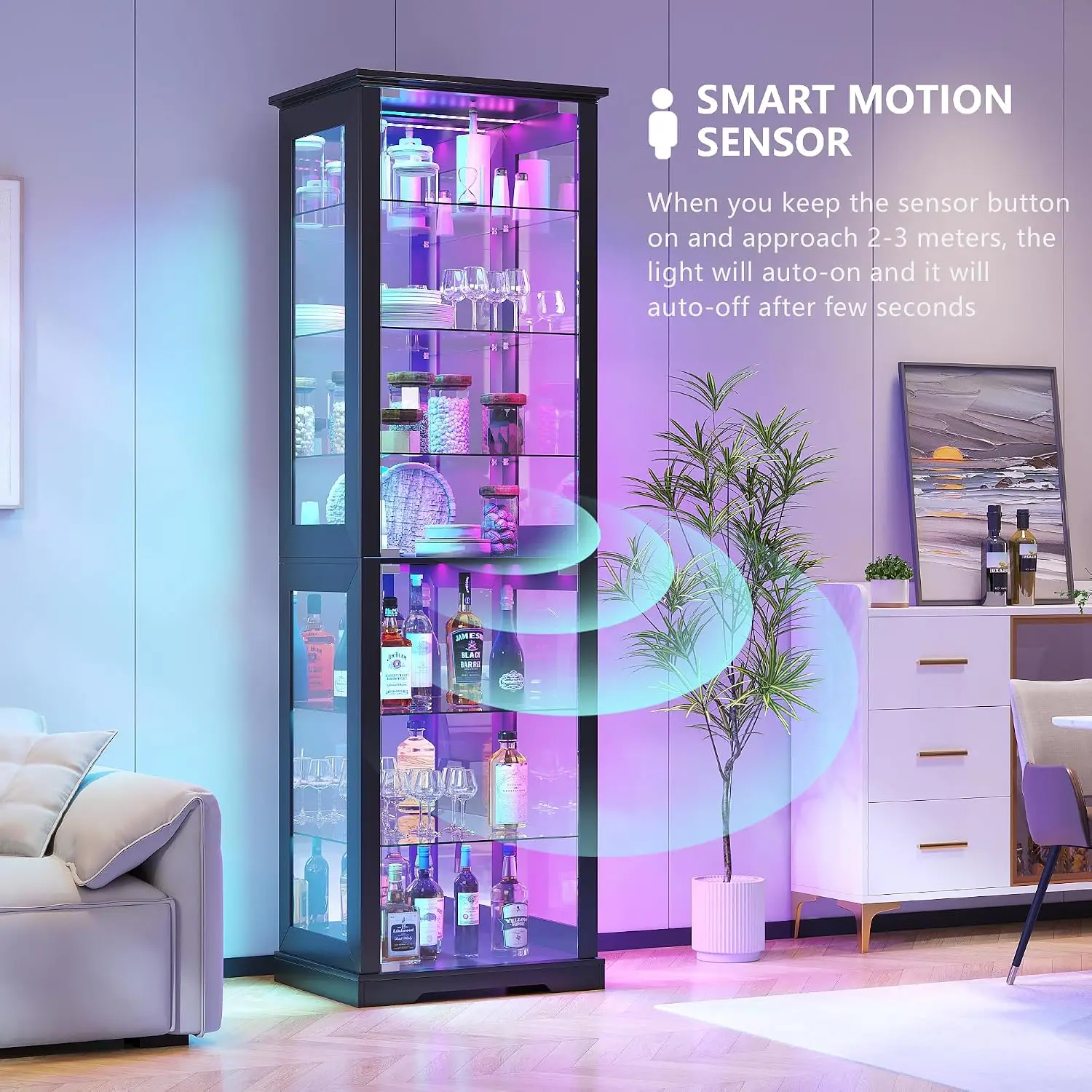 7-Tier Glass Display Cabinet with RGB Lights & Motion Sensor