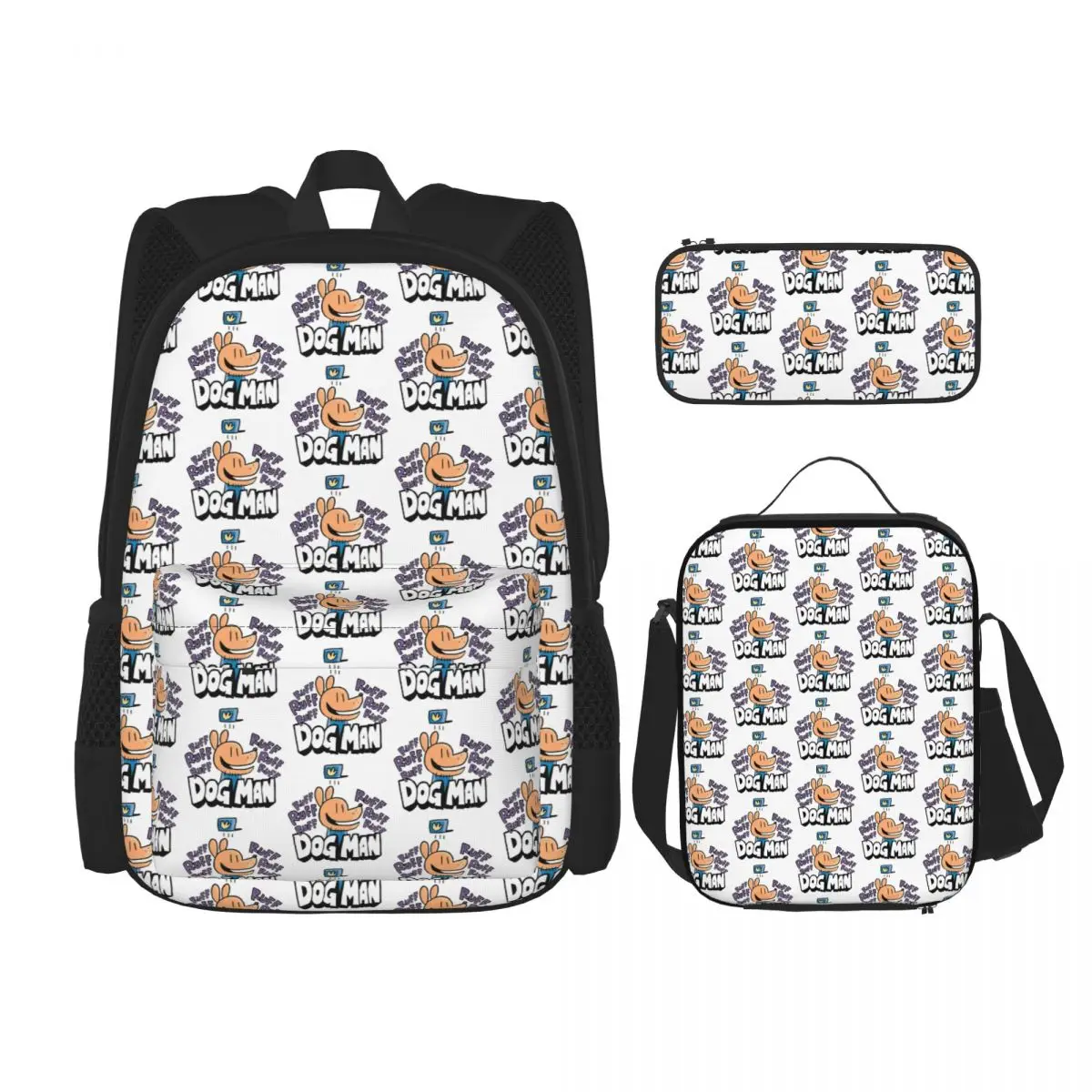 

Dog Man Ruff Ruff Backpacks Boys Girls Bookbag Students School Bags Kids Rucksack Lunch Bag Pen Bag Three-Piece Set