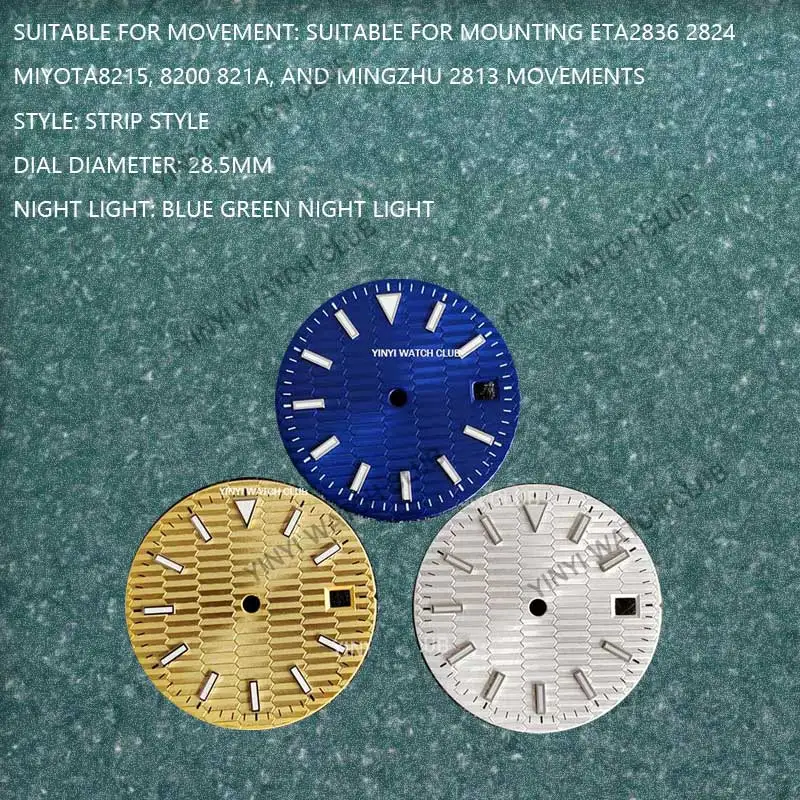 28.5mm Watch Dial blue night light dial For Miyota 8215 8200 ETA2824 2836 movement Gold Blue White Watch Face for MingZhu 2813