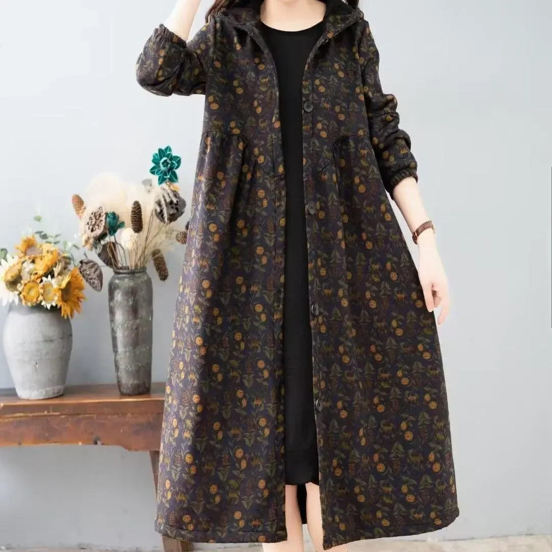 Autumn Winter Print Cotton Coat Women's Clothing Vintage Warm Mid-length Cotton-padded Jacket Hooded Pocket Design Outerwear New