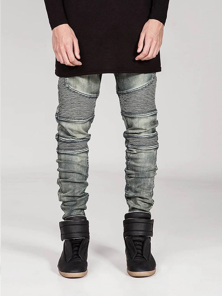 

Retro Folded Biker Jeans Elastic Slim Fit Youthful Trendy Cotton Stretch Denim Pants for Men Autumn Wear All Seasons