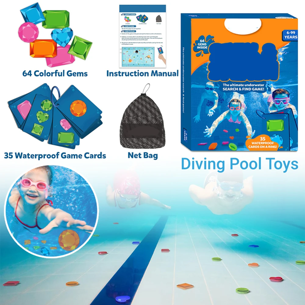 다이빙 젬스 수영장 장난감 수중 보물찾기 게임 세트 (64개의 다채로운 젬 메쉬 백 포함) 재미있는 선물 수영 파티 용품